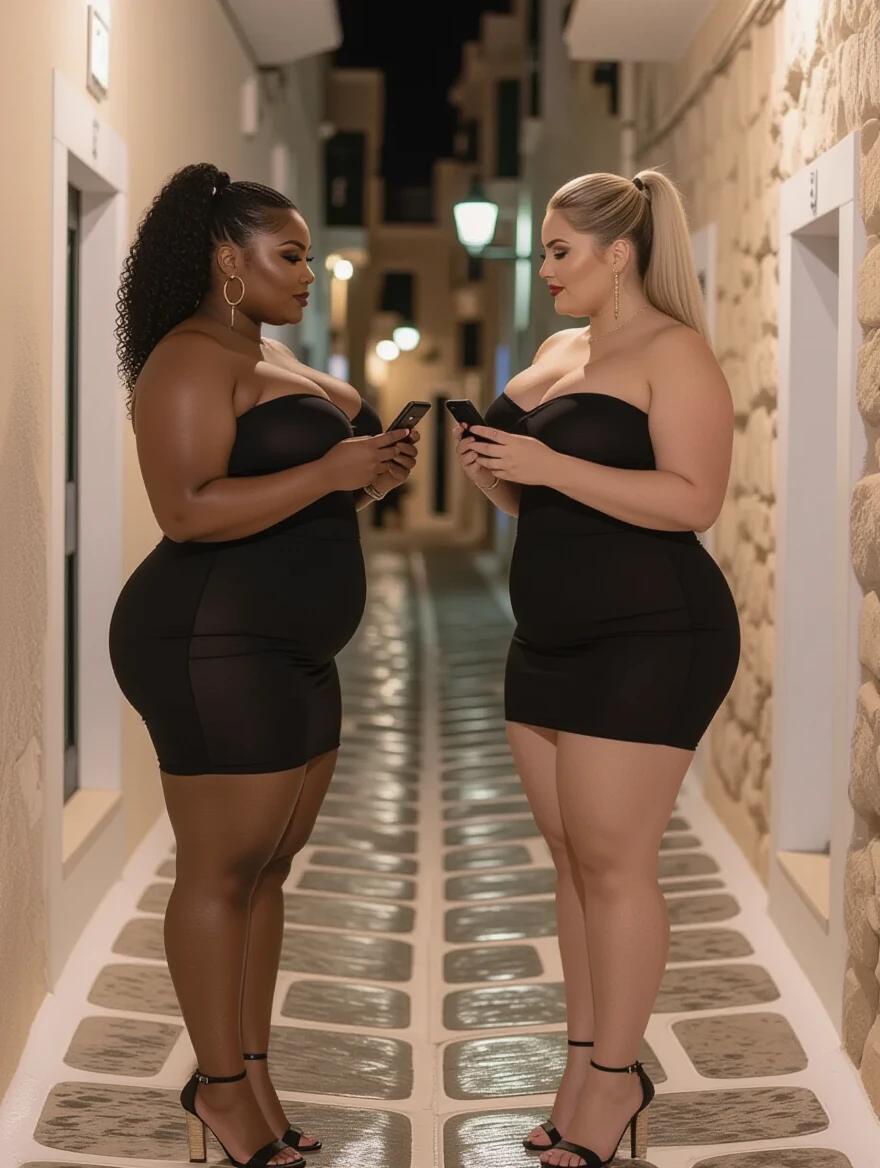 Two chubby women stand face to face in a narrow Mykonos alley at night. They hold iPhones close to each other. Both wear tight black dresses and espadrille heels. One has black curly ponytail hair the other has straight blonde hair. The setting is softly lit with street lamps.
