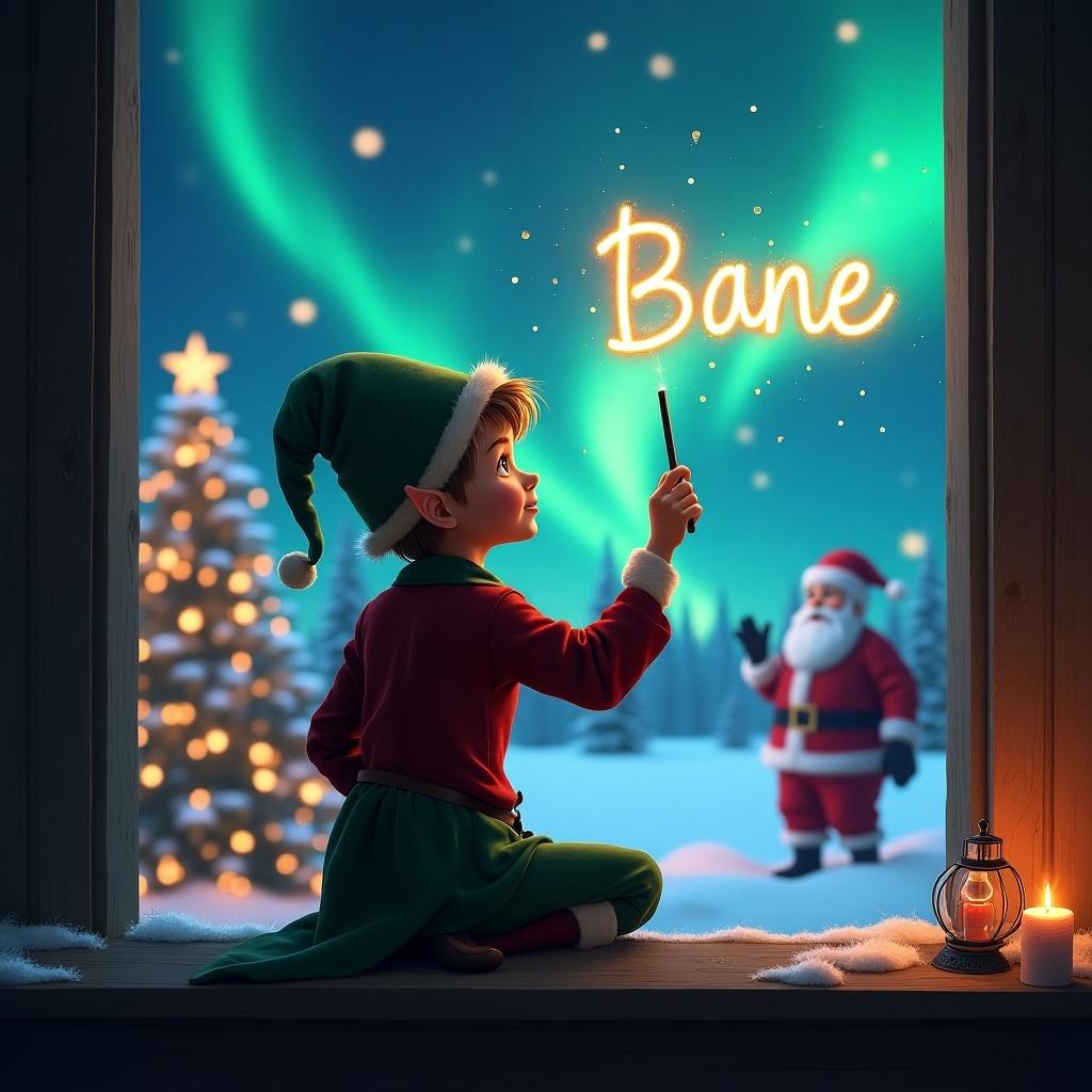 Elf on the shelf facing the sky. Using a wand to write 'Bane' in the air. Magical Christmas background with northern lights and Santa.