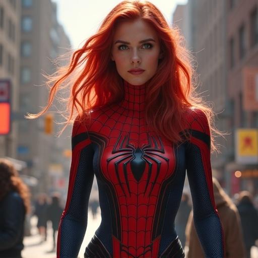 Mary Jane portrayed as Spider-Woman. Full body shot in a superhero costume. Urban environment during day.