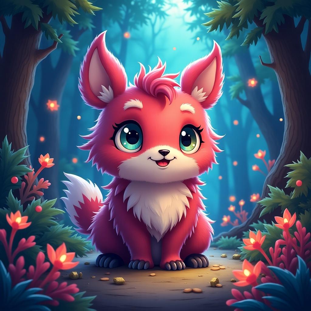 The image depicts a cute, cartoon-style pink fox sitting in a vibrant, enchanted forest. The fox has large, sparkling eyes and a fluffy tail, surrounded by colorful flowers and foliage. Soft beams of magical light filter through the trees, enhancing the whimsical atmosphere. This illustration is perfect for capturing the imagination of children and invoking feelings of wonder. The fox character exudes friendliness and charm, making it appealing for various children's products.