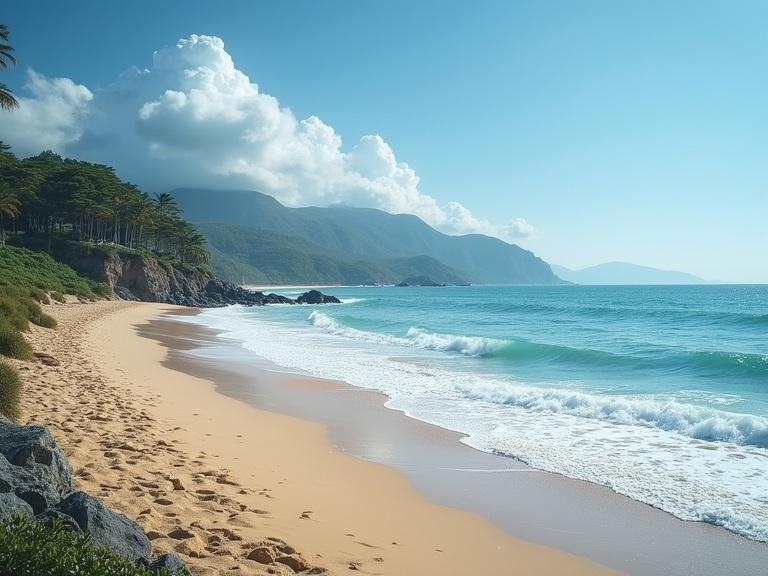 Breathtaking seaside view featuring a sandy beach and mountains in the background. The water glistens under a sunny sky with fluffy clouds. Gentle waves lap at the shore.