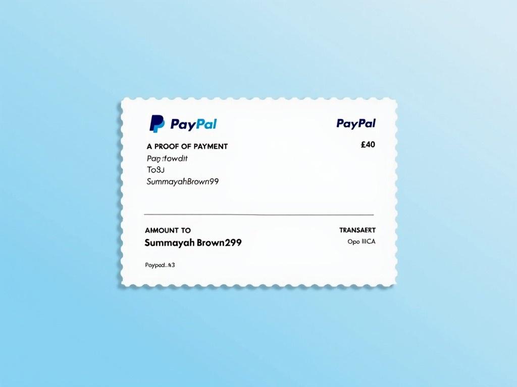 This image is an illustration of a proof of payment document from PayPal. It shows a completed transaction of £40. The payment is directed to an account identified as SummayahBrown69. The design is simple, with clear text and a light blue background, enhancing readability. This document could be used in articles or videos discussing online transactions and payment methods.