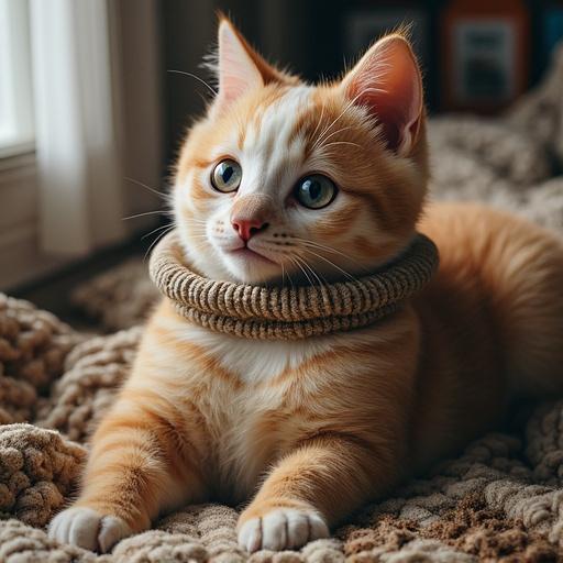Orange cat with blue eyes lies on a cozy blanket in a sunlit room. Cat has a playful expression and an unusual collar.