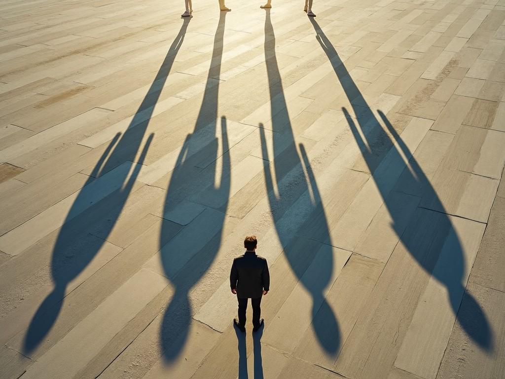 The image depicts a man standing still as viewed from above. He is centered in the frame, casting four long shadows diagonally. The lighting is soft and natural, enhancing the shadow effect on the ground. The scene is minimalist, with the focus on the interplay between the man and his shadows. This creates a sense of depth and intrigue, drawing the viewer's eye to the unique shadow patterns.