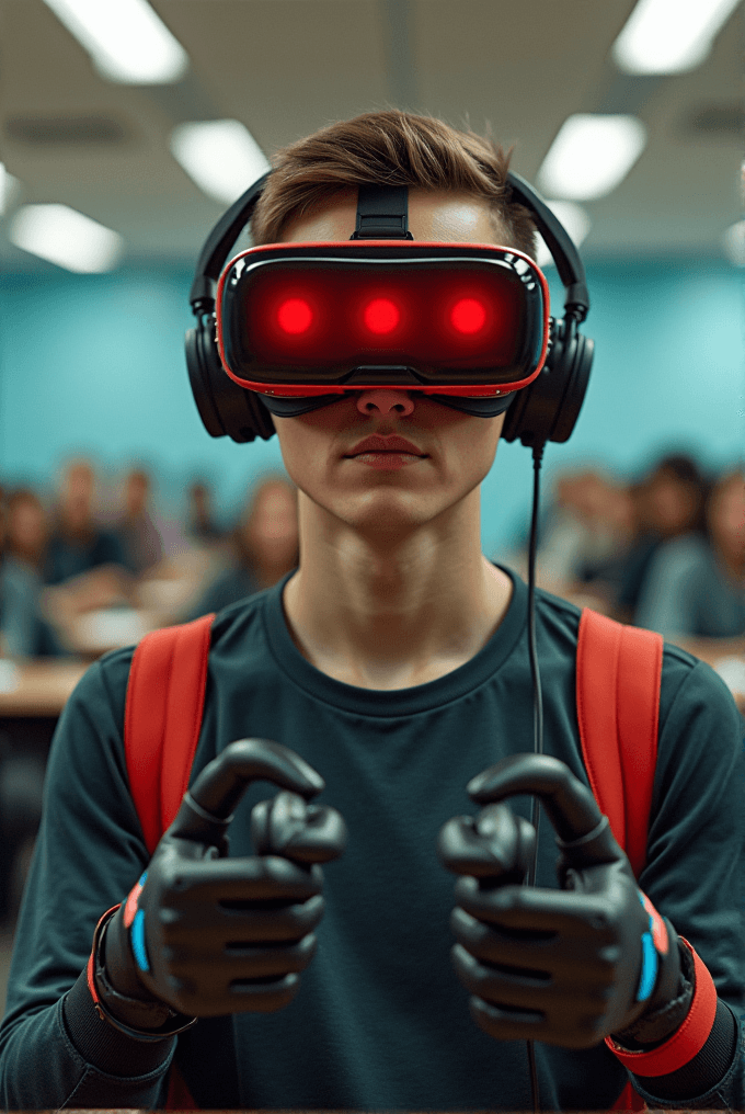 A person wearing a virtual reality headset and gloves with glowing red lights in a dimly lit room.