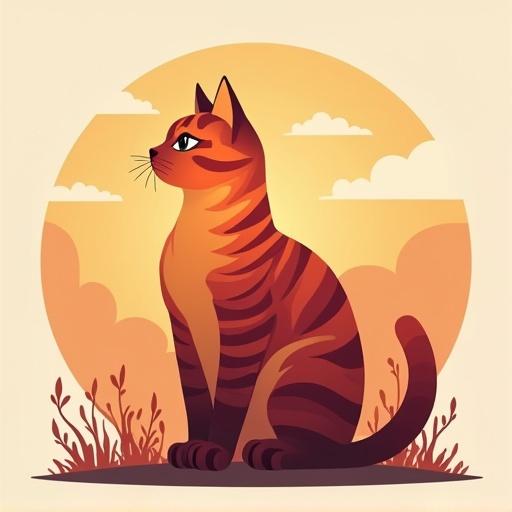 Illustration of a sturdy American Shorthair cat in a sitting position. Body filled with warm horizontal stripes. Stripes transition from deep burgundy to vibrant orange to golden yellow. Framed with a circular sunset landscape. Soft peach-toned clouds in the background.