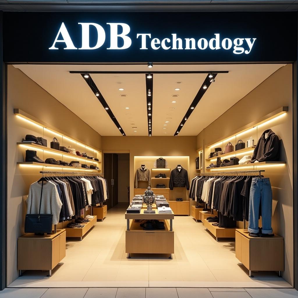 Modern storefront named ADB Technology. Focus on gadgets and accessories. Warm beige tones with stylish clothing displays. Eye-catching signage creates inviting atmosphere.