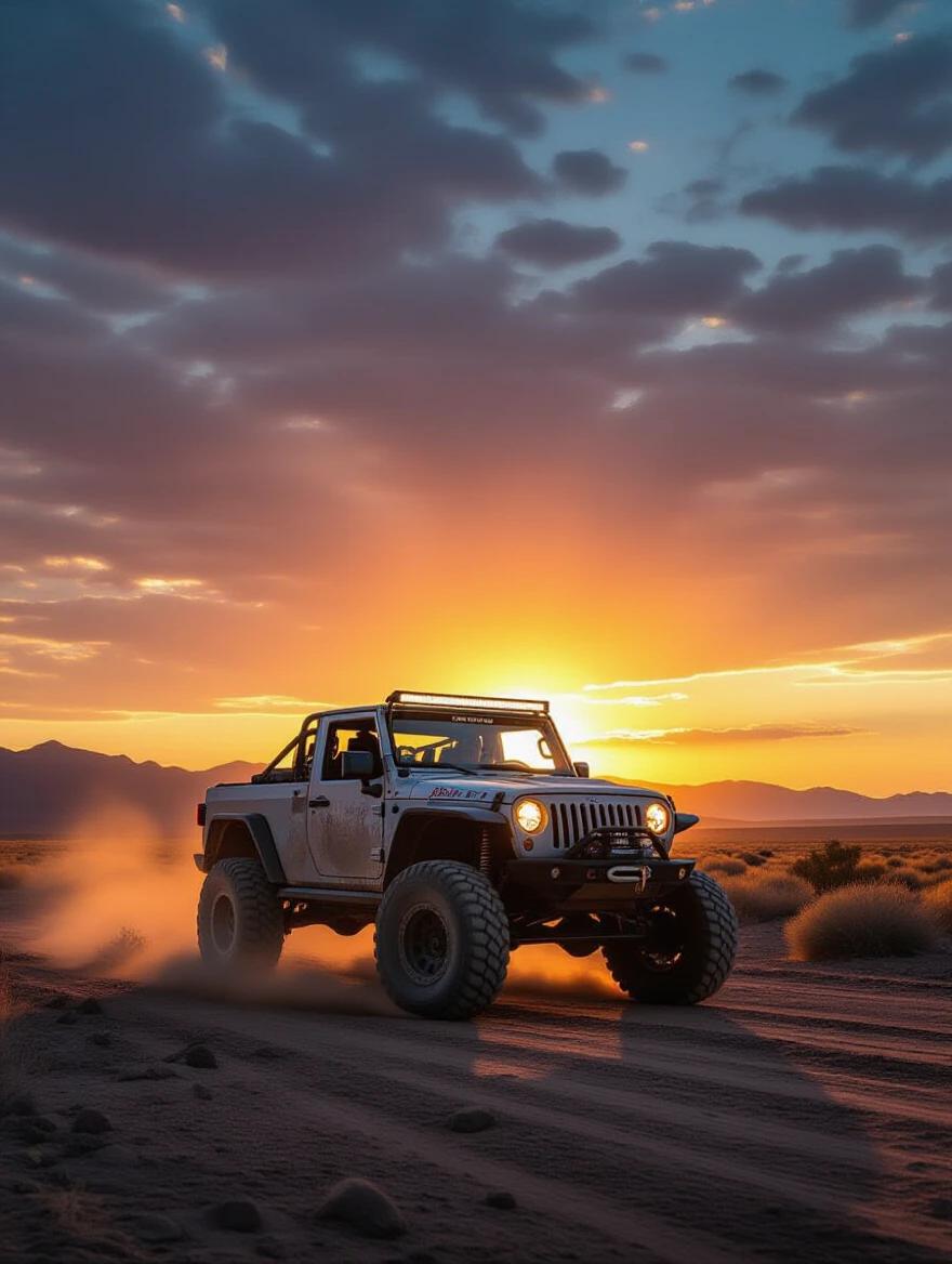 A vehicle driving through a desert landscape during sunset. The scene showcases an off-road vehicle kicking up dust. The sky features vibrant colors from the setting sun with dramatic clouds. The vehicle stands out against the picturesque backdrop.