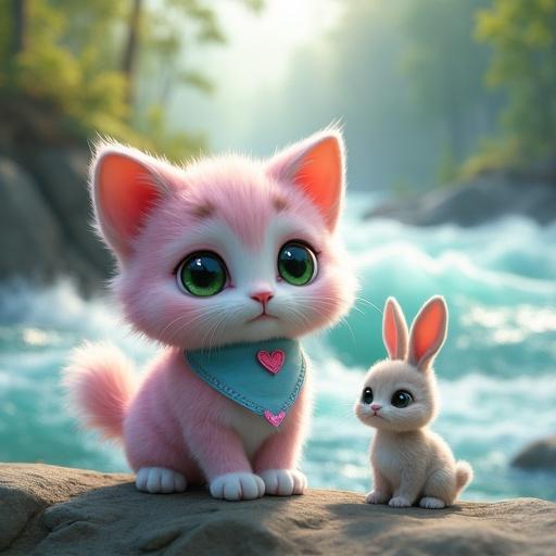 A fluffy kitten with pastel pink and lavender fur arrives at a swollen river. The kitten has a creamy white belly and large green eyes. A small baby rabbit looks up at the flowing water in fear. The kitten wears a blue bandana with a pink heart. The background features a rushing river and natural greenery.