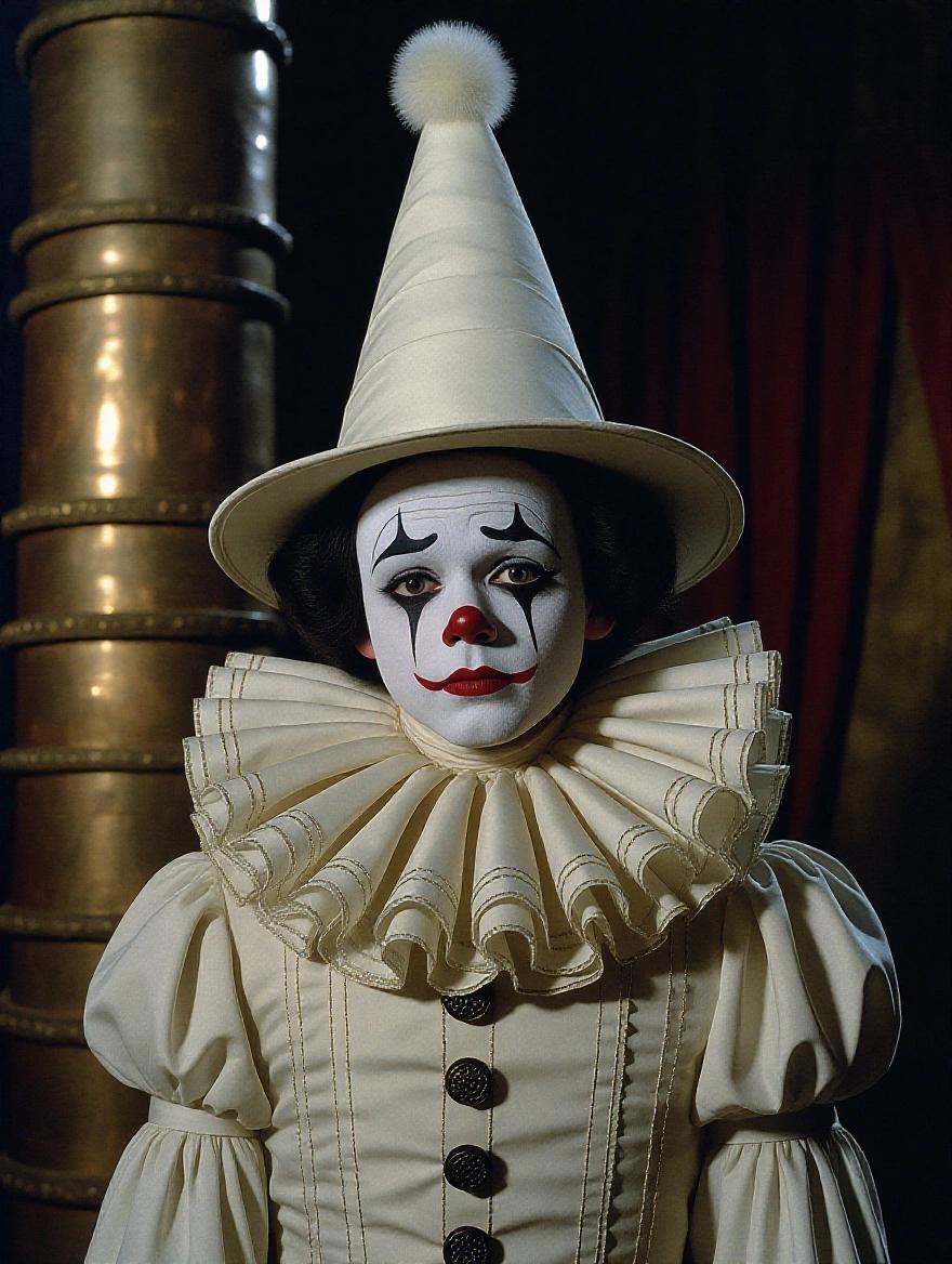 Cinematic still from a vintage fantasy film. Young mime in Pierrot costume. Dimly lit circus background. Large brass tubing behind. White painted face with expressive features. Soft lighting enhances nostalgic sadness. Influences of Eastern European cinematic surrealism.