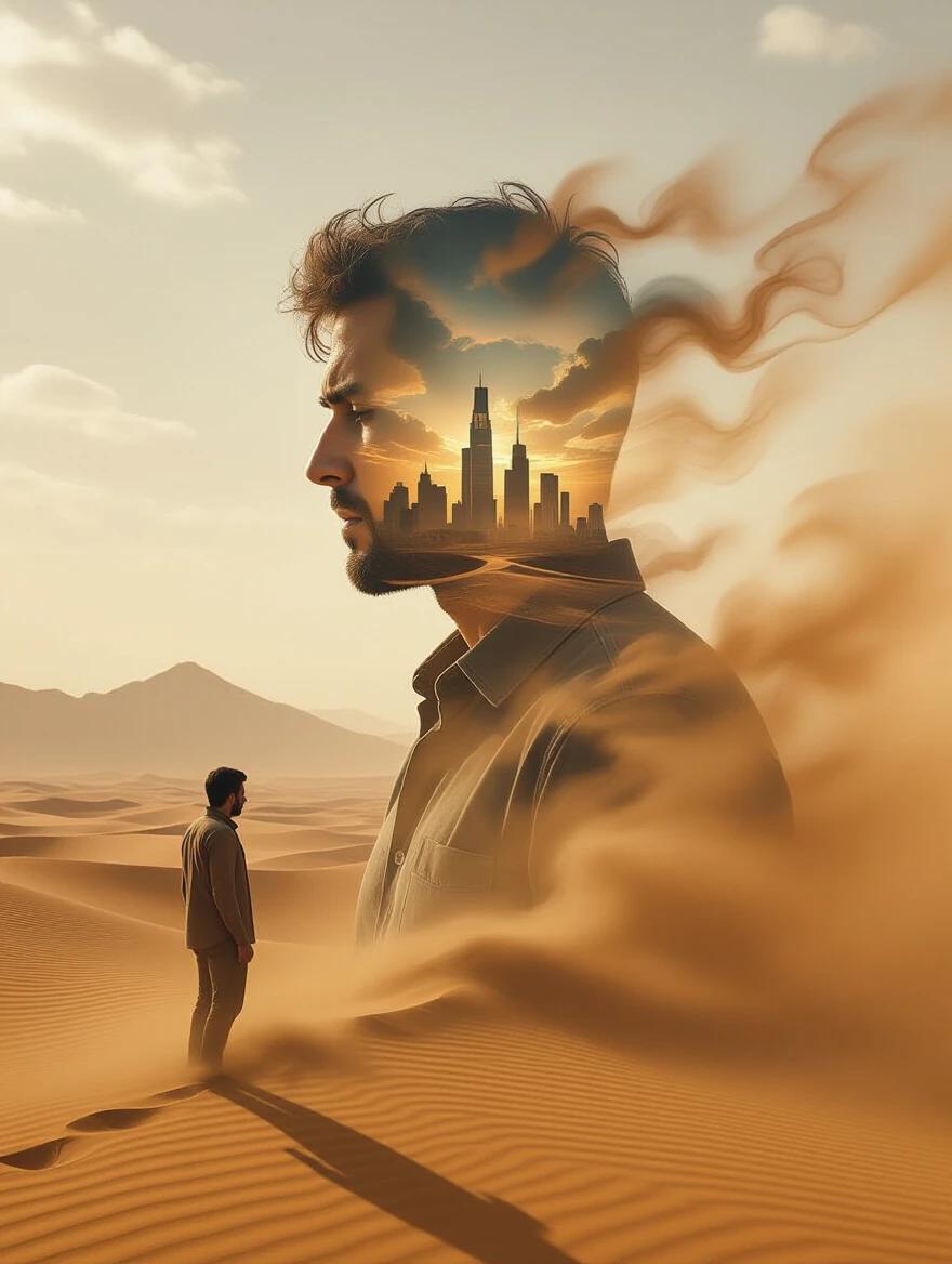 Man stands alone in a desert. His form dissolves into a swirling sandstorm. A futuristic skyline appears within him. Soft golden lighting bathes the scene. Distant mountains are barely visible. An epic and emotive atmosphere prevails.