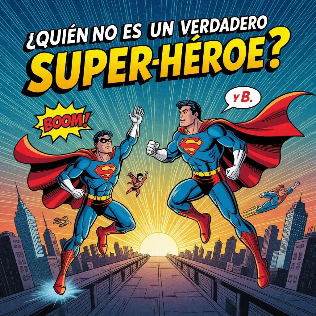 Create a vibrant comic-style image titled in Spanish: '¿QUIÉN NO ES UN VERDADERO SUPERHÉROE?'. Scene set in a futuristic urban horizon with heroes flying and jumping. One character is fake with cape or flip-flops. Use comic fonts like '¡BOOM!', neon colors, and energetic motion lines.