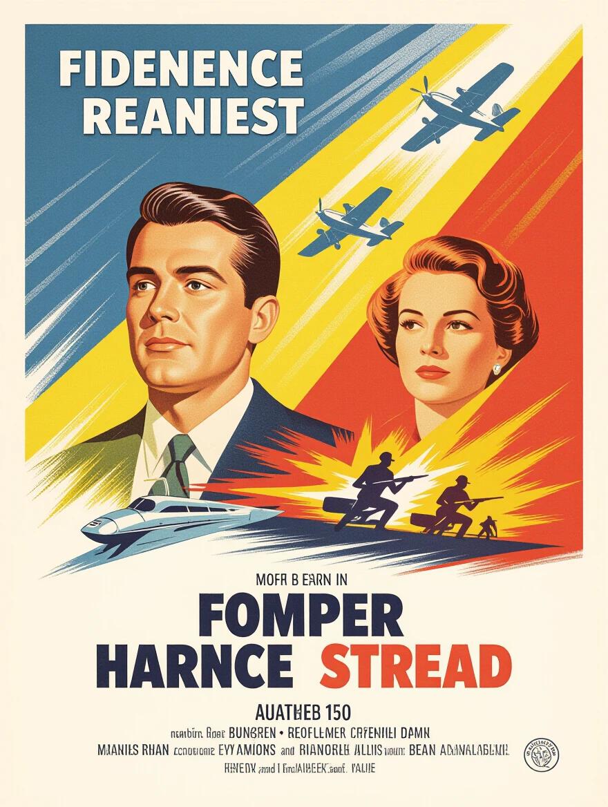 A vintage movie poster design featuring vibrant colors and dynamic action. Stylized characters appear in the foreground with airplanes flying in the background. The composition includes bold text and graphic elements resembling movement.