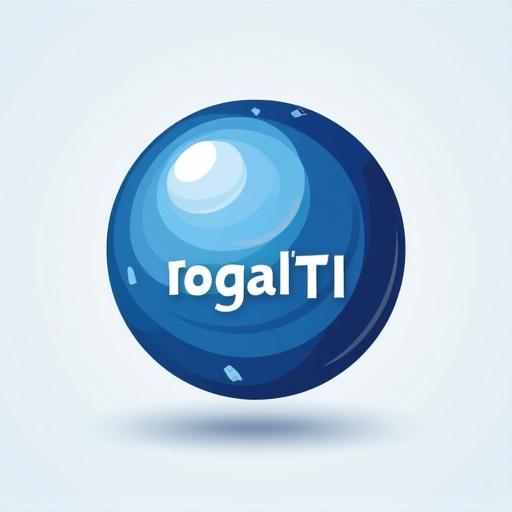 Logo design for a digital solutions company named rogalTI. The logo includes a circular blue element with glossy effects and the company name clearly displayed. It represents IT services including software development and electronic repairs.