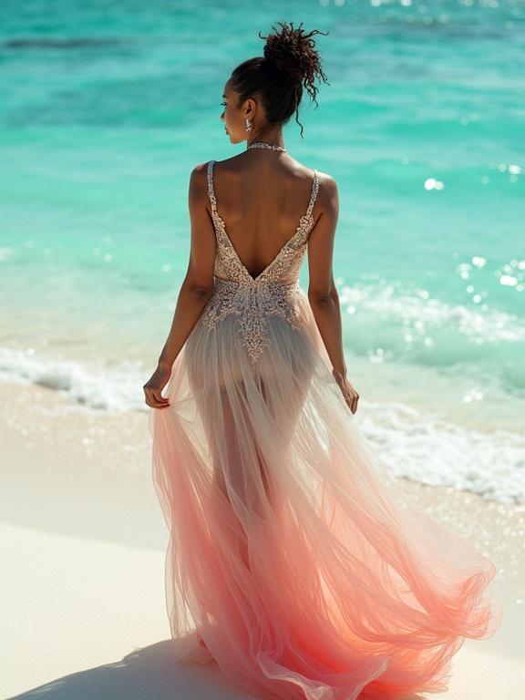 Fashion photoshoot of a curvy Indian woman on a tropical beach. She wears a jellyfish-inspired dress with flowing translucent fabric. Background features a turquoise ocean and white sandy beach. The scene is vibrant and cinematic with high contrast lighting. Her hairstyle enhances her allure. The composition is artistic and hyper-detailed.