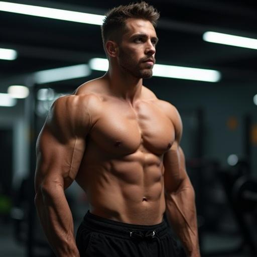 Athletic person with impressive muscular physique in gym setting. Confident pose showing defined abs and muscles. Professional fitness photography lighting. Clean gym background with inspiring transformation vibes. Health and strength focused with dramatic lighting highlighting muscle definition.