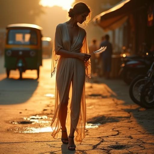 A woman stands in a sheer silk robe by a tea stand during Indian dusk. High heels cast shadows on cracked pavement. Makeup is smudged. She holds a feather and gazes at it intently. The warm glow of twilight surrounds her. Her shadow is long, suggesting tension.