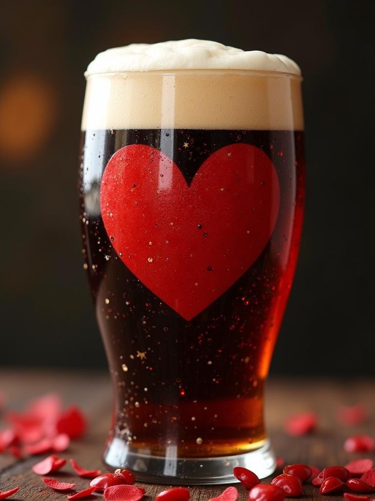 Pint glass filled with dark beer. Foam on top forms a love heart. Red hearts scattered around the glass.