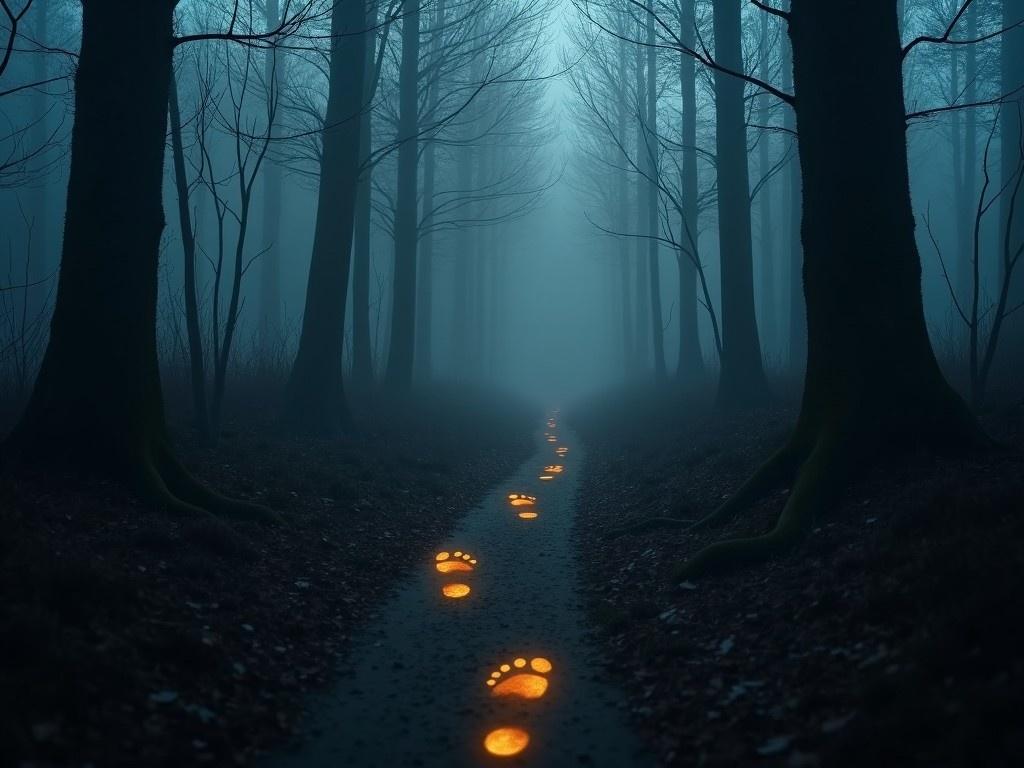 The image depicts a narrow path winding through a dark forest, enveloped in mist. Glowing footprints illuminate the path, guiding viewers deeper into the woods. The trees are tall and bare, creating an eerie ambiance. The overall lighting is dim, enhancing the mystical feel of the scene. This atmosphere evokes curiosity and a hint of eeriness, inviting exploration of the unknown.