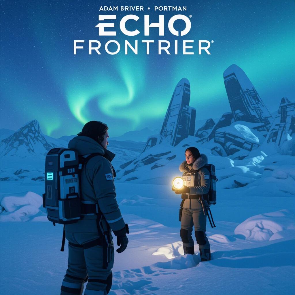 ECHO FRONTIER features explorers Adam Driver and Natalie Portman. They wear snow gear in a snowy landscape with ancient alien ruins. Portman holds a glowing compass. The scene includes a faint aurora in the sky.
