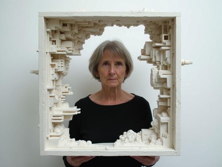 Portrait of an older woman with short hair holding an intricate architectural sculpture that frames her face. The sculpture is predominantly white with geometric shapes and abstract forms. Set against a blank background, emphasizing confinement and tension.