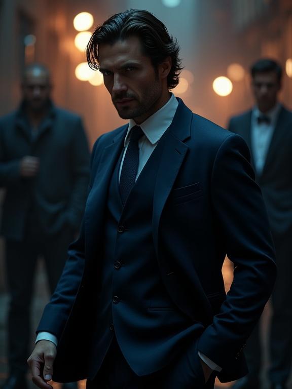 Photorealistic representation of a handsome New York detective. Thick dark wavy hair. Wearing a dark blue suit. Gritty urban setting with three tough-looking characters. Strong lighting contrasts. Moody atmosphere captured from a low angle. Scene exudes tension.