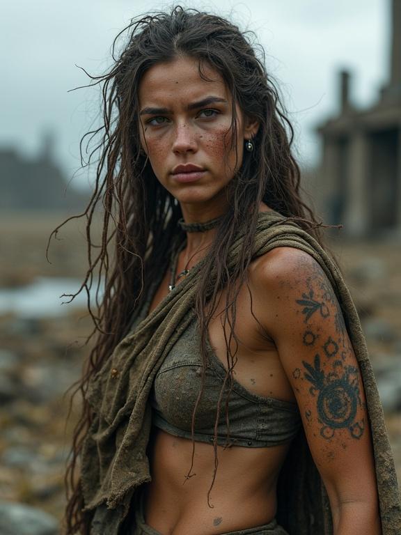 Highly detailed portrait of a wasteland huntress with a wiry physique and long hair. Her skin is dirty with streaks of mud; tribal tattoos visible on her face and arms. She wears self-made clothing from scavenged materials and draped with a tattered camo netting cloak. Background: ruined post-apocalyptic city under an overcast sky. Captured with Fujifilm XT3.