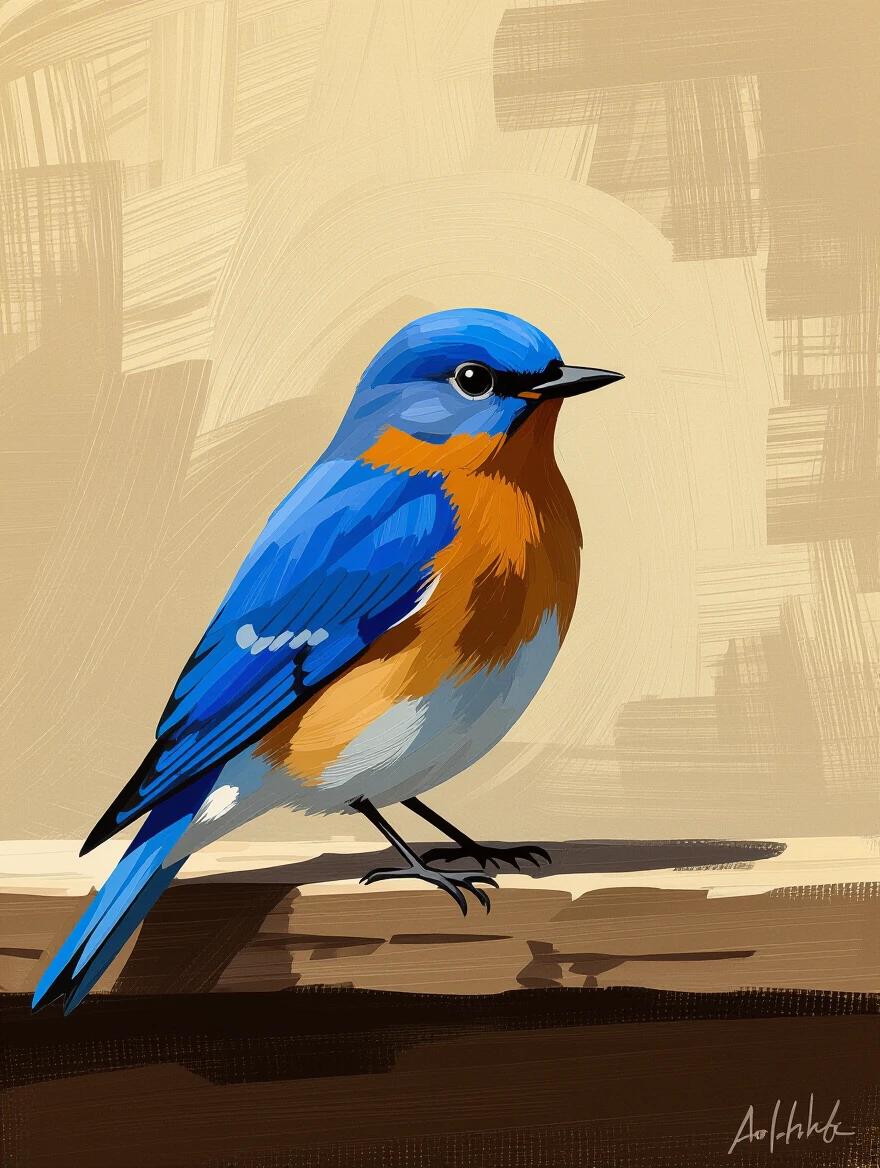 A bluebird depicted in a digital illustration. The bird features vibrant blue feathers and an orange belly. Background is soft and neutral, with brushstroke textures. Attention is given to details in the feathers and the bird's shape.