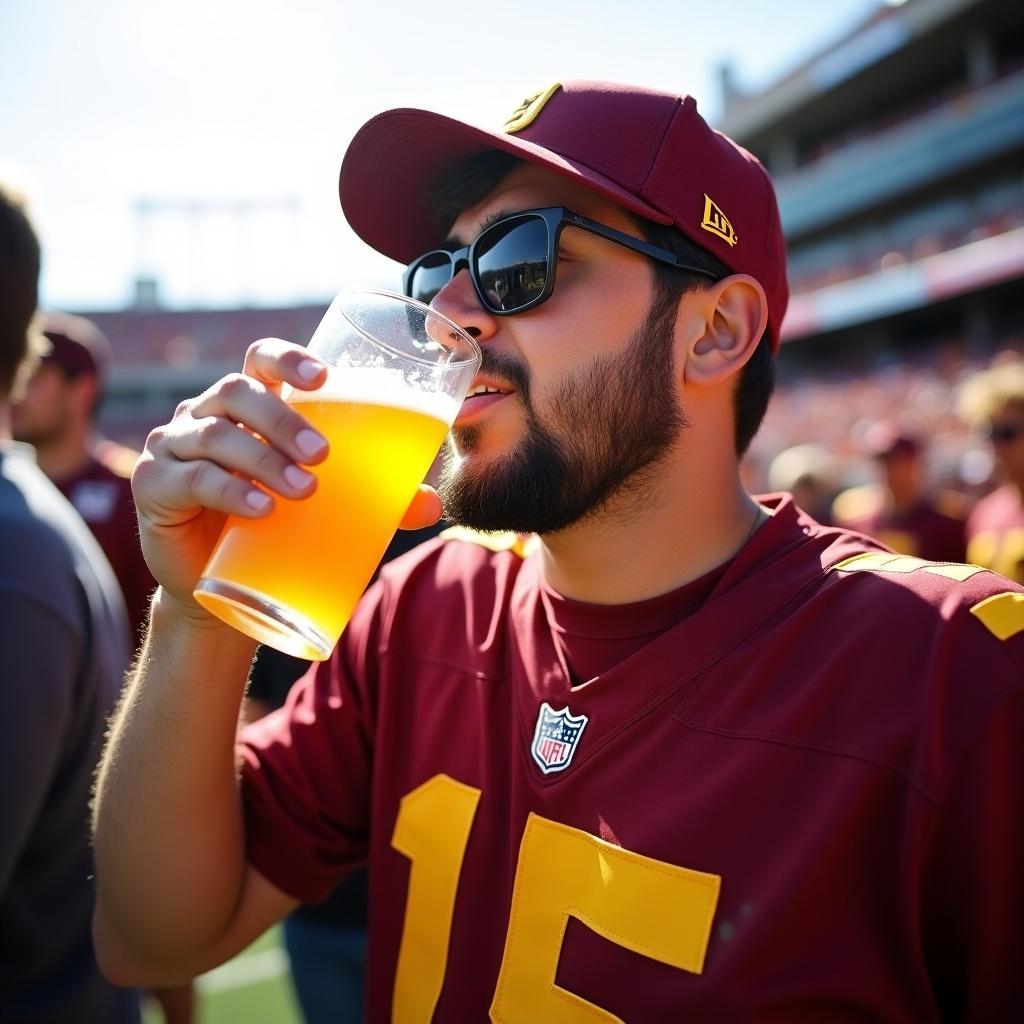 A passionate fan of the Arizona State Sun Devils enjoys a cold beer in a game-day atmosphere. The fan wears a team jersey and cap. It is a bright sunny day at a stadium, focusing on the enjoyment while supporting their team. The image captures fun, sports, and community.