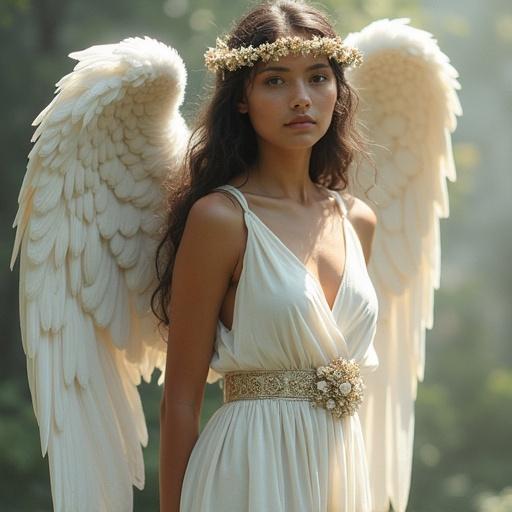 A beautiful angel with dark skin and white wings. The angel wears a flowing white dress with a floral belt. Natural background adds a serene atmosphere.