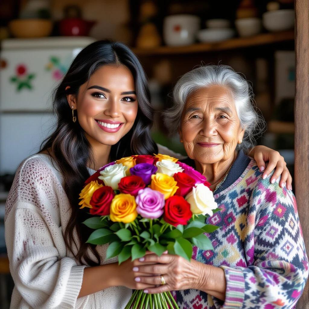 Realistic photograph featuring strong family ties. A beautiful woman hands a bouquet of assorted roses to her elderly mother. Both display indigenous Colombian features. A warm and inviting old kitchen is visible in the background.