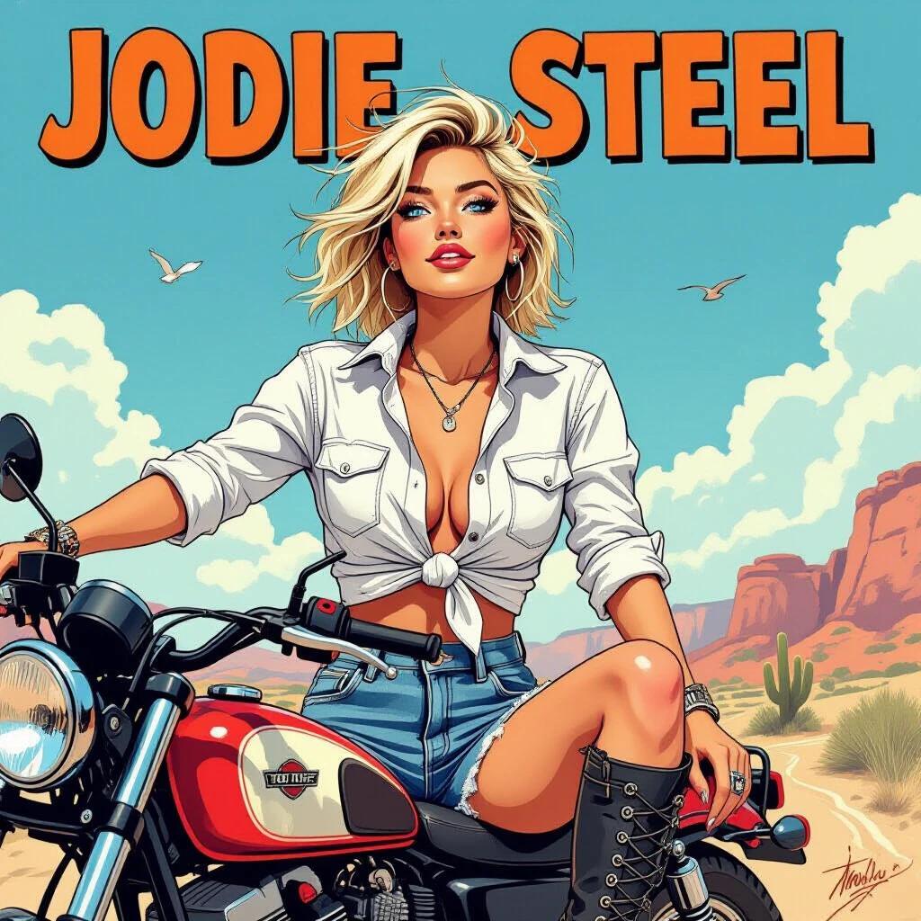 A confident young woman poses on a red off-road motorcycle. She has bright blue eyes and messy blonde hair. A white knotted shirt and ripped denim shorts define her casual style. The backdrop features a desert landscape with mountains. The illustration has bold lines and a comic-like aesthetic.