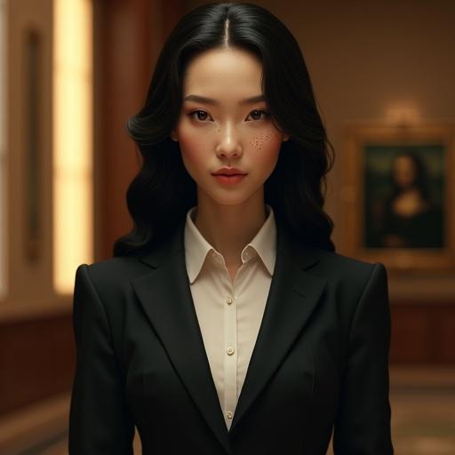high-performance female android with serene smile in elegant office suit full body visible in softly lit indoor warmth styled black waves like Mona Lisa blending classical beauty with futuristic texture delicate circuit patterns on cheeks smooth skin composed expression elegant atmosphere semi-realistic style