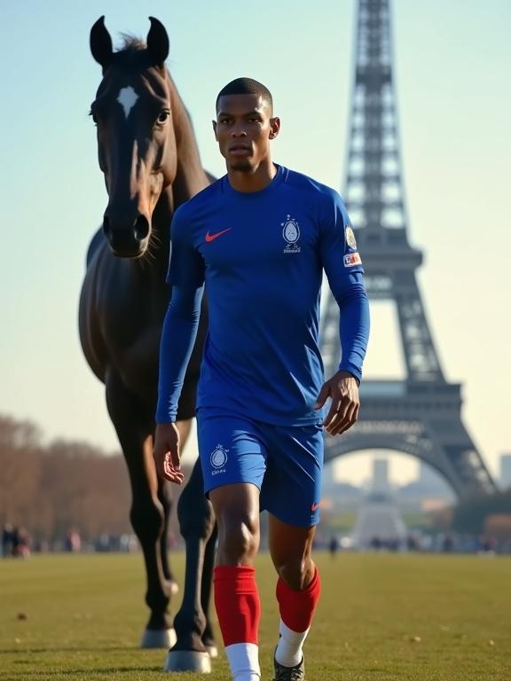 Photo-realistic image of Kylian Mbappé in blue France national football kit walking confidently towards Eiffel Tower. A large, streamlined black horse is behind him. Dynamic action pose with high detail and intense focus under cinematic lighting.