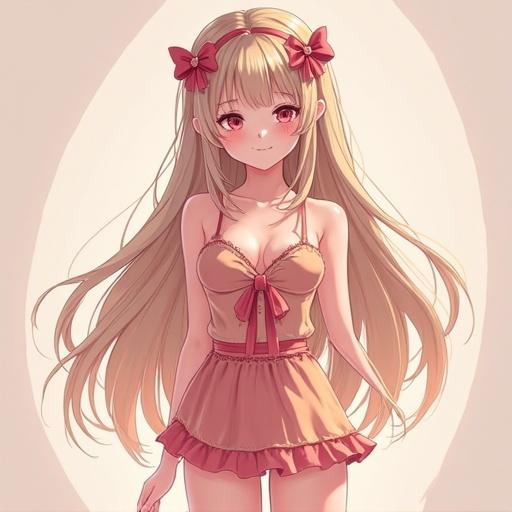 Anime character with long blonde hair wearing a cute outfit. Character has big eyes and ribbons in hair. The setting is warm and soft.