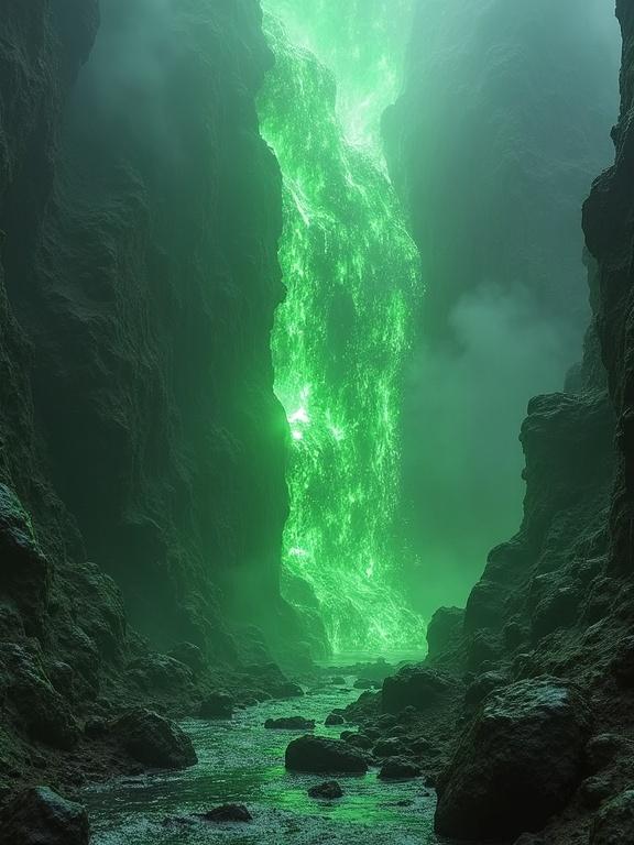 Mist surrounds a striking waterfall made of green fire. Dark rocks frame the scene creating a mystical atmosphere. The image showcases an ultra-detailed resin sculpture with physical texture and dramatic lighting.