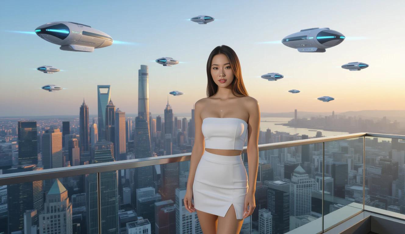 A woman in a white mini skirt dress stands on a building balcony. She looks at the camera with futuristic city behind her. Skyships fly in the air during sunset.