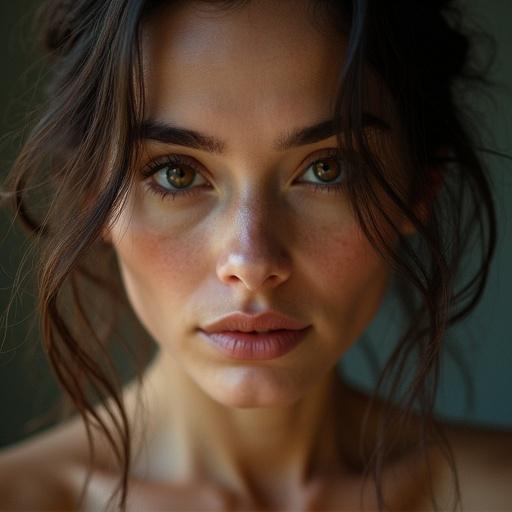 Close-up portrait of a woman. Warm natural lighting shows details of the face. The focus on the eyes creates an emotional connection.