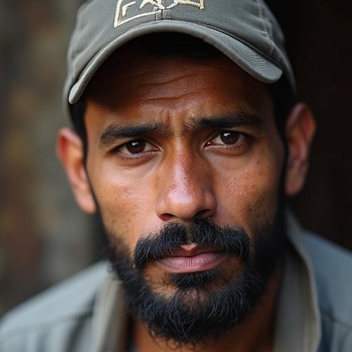Portrait of a man with a beard wearing a cap. Close-up shot emphasizing facial features. Location in Mumbai, India.
