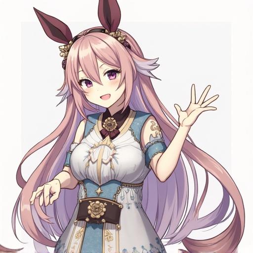 Anime character stands with a playful pose. Character has long pink hair styled in loose waves. Wearing a detailed dress with elegant patterns and accessories. One hand raised in a friendly gesture. Long ribbons add movement to the design. The background remains neutral to emphasize character's features.