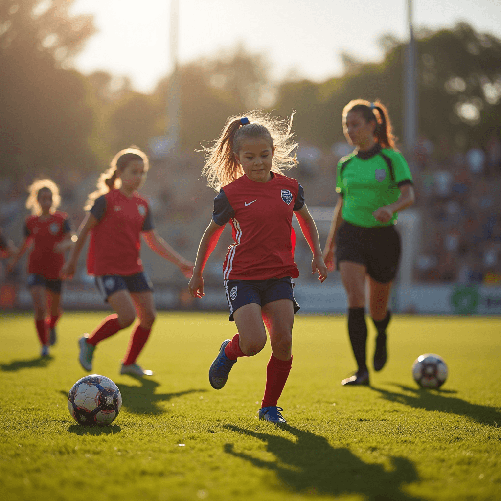 A group of young girls playing soccer on a sunlit field.