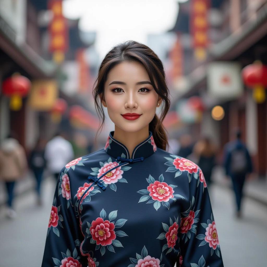 A woman wearing traditional Chinese attire with floral patterns stands in an urban street. The street is filled with lanterns and blurred figures in the background. The image captures a cultural atmosphere with a focus on fashion.