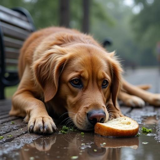 Muddy golden retriever mix lies on a damp park bench. Fur is matted with leaves and dirt. Water drips from nose. Puddles reflect sky. Half-eaten sandwich beside it. Urban grit and realistic fur texture.