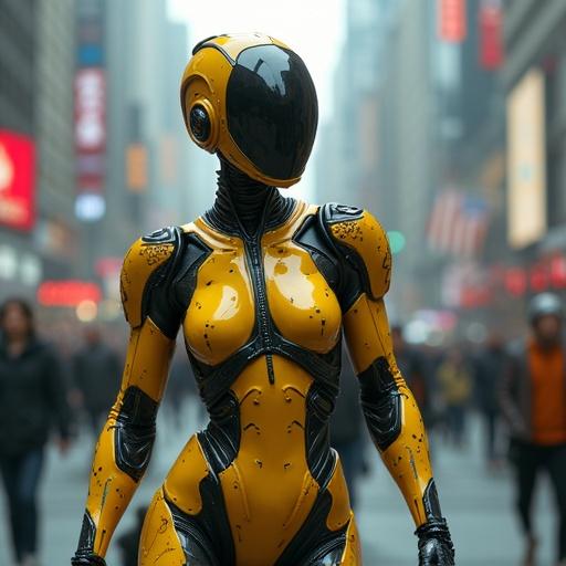 Futuristic android woman in gunmetal and yellow color stands on a bustling metropolis street. She is depicted in a wide shot engaging in action. The urban environment shows a riot scene with crowd dynamics. Highly detailed and realistic photography in 4K resolution.
