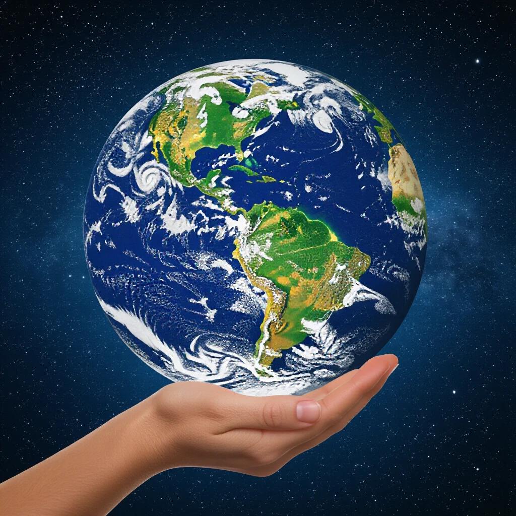 A hand holds the planet Earth. The planet displays blue oceans and green continents. The background is filled with stars.