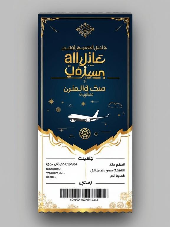 Vertical design invitation for travel agency opening. Resembles a boarding pass. Dark blue, white, gold, orange colors. Agency logo at top. Arabic text invites to travel agency opening. Event name, date, time, and location included. Decorative travel icons added. Perforated line for tear-off section. Barcode or QR code placeholder included. Modern professional style with elegant layout.
