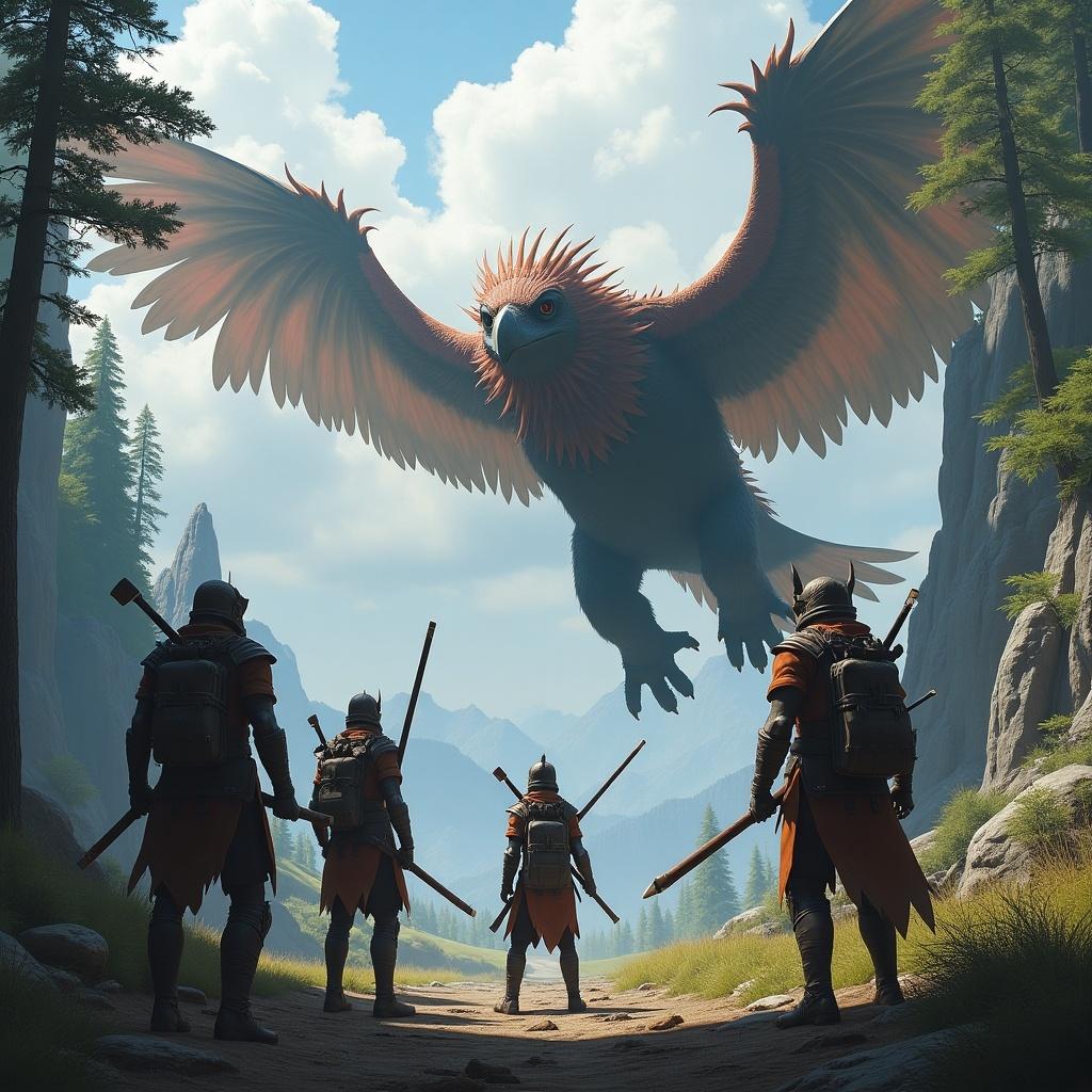 An epic scene depicts a group of falcon dragon hunters preparing for battle against a massive creature in a dramatic landscape. The hunters are equipped with unique weapons and armor, showcasing their diverse skills. Towering trees and jagged rocks create an immersive environment in the background. The creature has fearsome wings and a menacing gaze, dominating the skyline. This image captures the thrill and adventure of the Monster Hunter universe, inviting viewers into a world of fantasy and action.