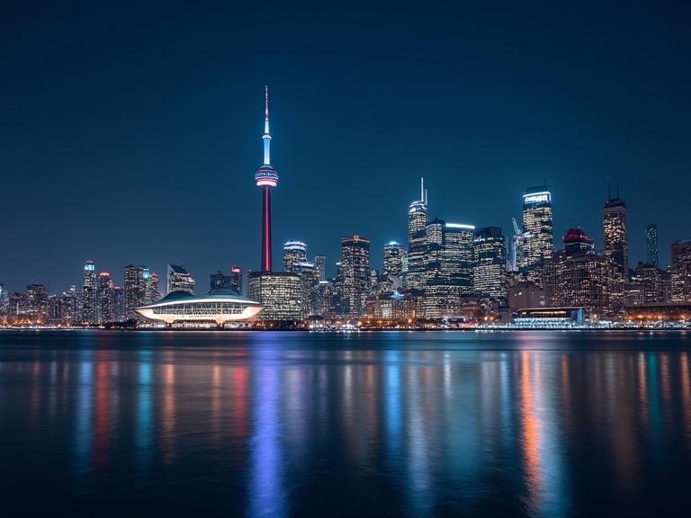 Full HD photography of nighttime skyline with water reflection. Skyline includes Toronto landmarks like CN Tower. Image viewed from a boat or island.