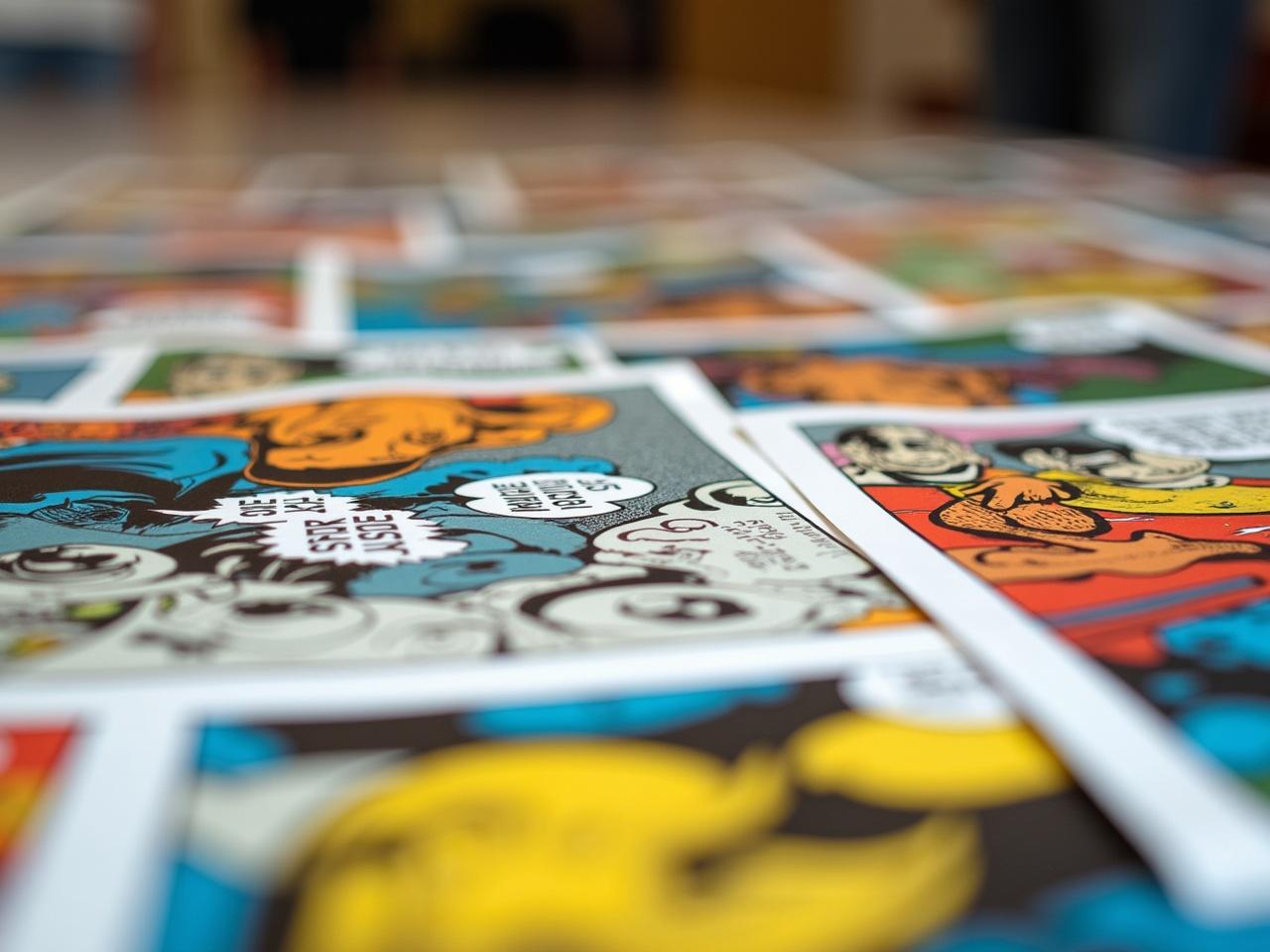 A close-up shot showcases a vibrant collection of comic book pages spread across a table. The layout features various iconic illustrations and colorful characters designed to captivate viewers. The dynamic color scheme combines bright reds, blues, and yellows, drawing attention to the artistry. The arrangement exhibits a playful disarray, hinting at the fun of comic reading. Natural lighting accentuates the vivid colors, creating an inviting atmosphere for comic book enthusiasts.