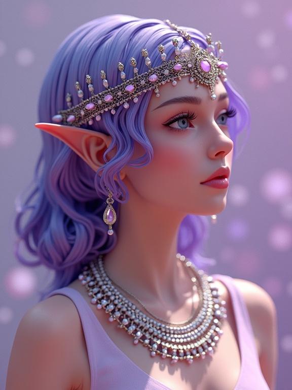 A fantasy character with lavender hair and pointed ears. The character wears ornate jewelry. Background is soft with dreamy bokeh effects.